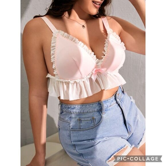 Barbiecore Pink Ruffle Trim Bow Bralette Top Plus Size 1XL - Picture 1 of 5